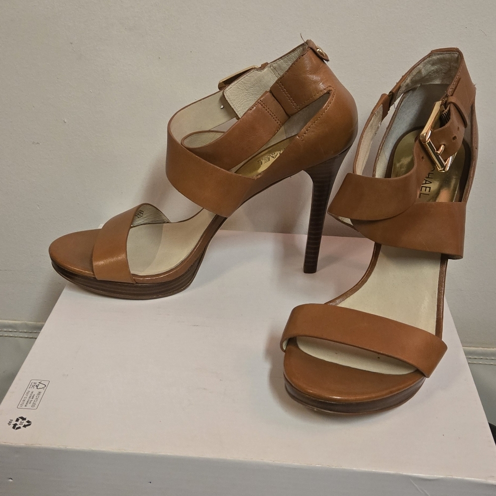 Michael Kors Tan Leather High Heel Sandals with Ankle Strap - Picture 2 of 5